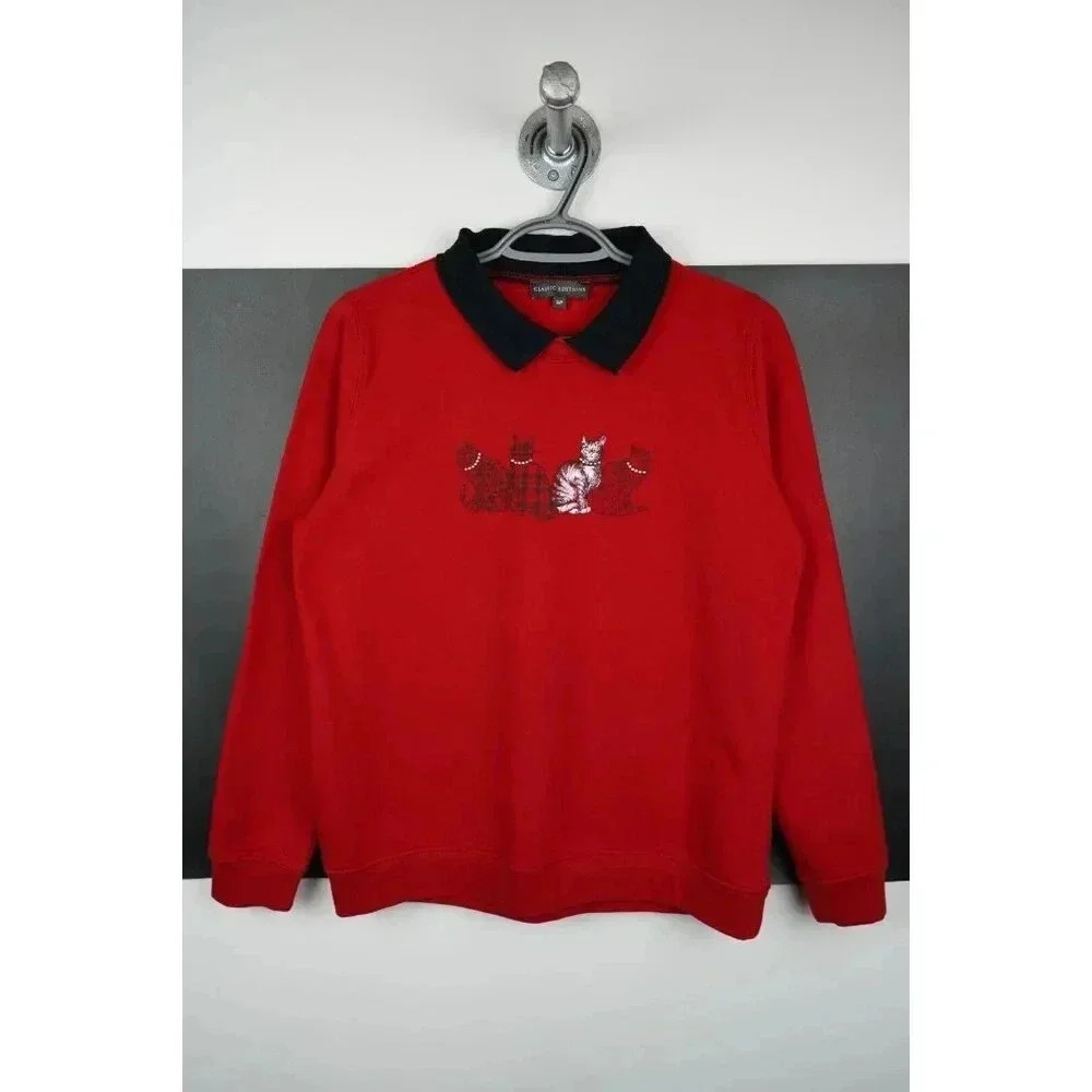 Vintage Sweater 90s Collared Cat Art Graphic Red/Black S | Item #719